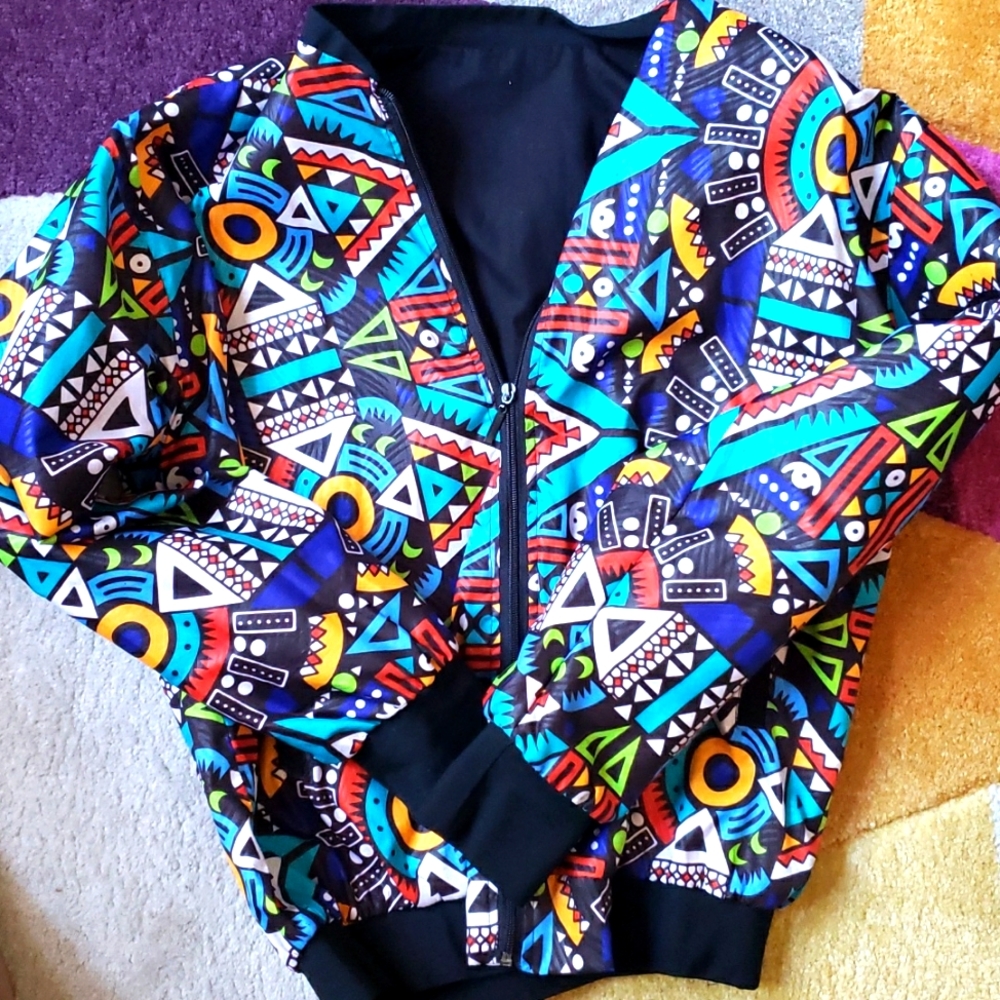 Vintage NWT Colorful Geometric African Tribal Print Full Zip Bomber Jacket